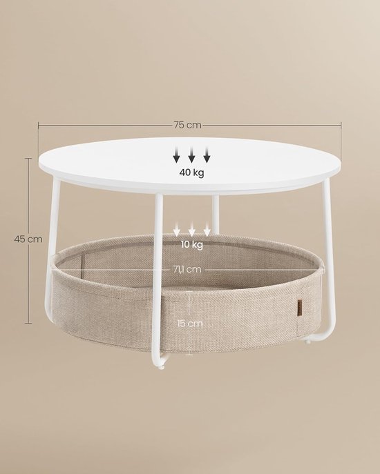 VASAGLE Ronde salontafel, opbergtafel, bijzettafel, woonkamertafel met stoffen mand, modern, metalen frame, cementgrijs en crèmewit LCT244G01