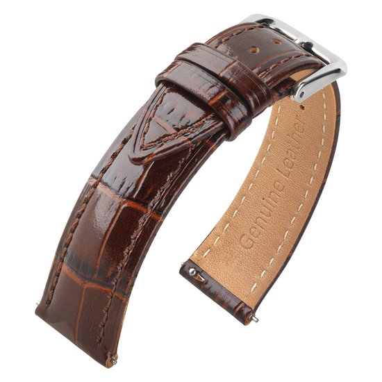 Bracelet de montre en cuir de veau, crocodile, effet croco, brillant, facile à remplacer soi-même, marron foncé, 20 mm