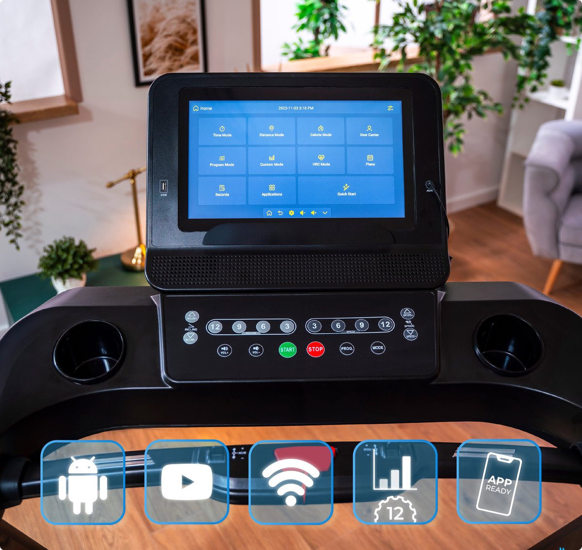 Afbeelding 2 van THUNDER® Loopband | IGNITE-S-TFT-BLACK-V1 | Opvouwbaar en Krachtig | 22 km/u | Multifunctioneel TFT-touchscreen | Extra Breed Loopvlak 58 cm | Bluetooth | App Compatibel | Luidsprekers | Max. 220 kg | Veiligheidssleutel | Transportwielen |