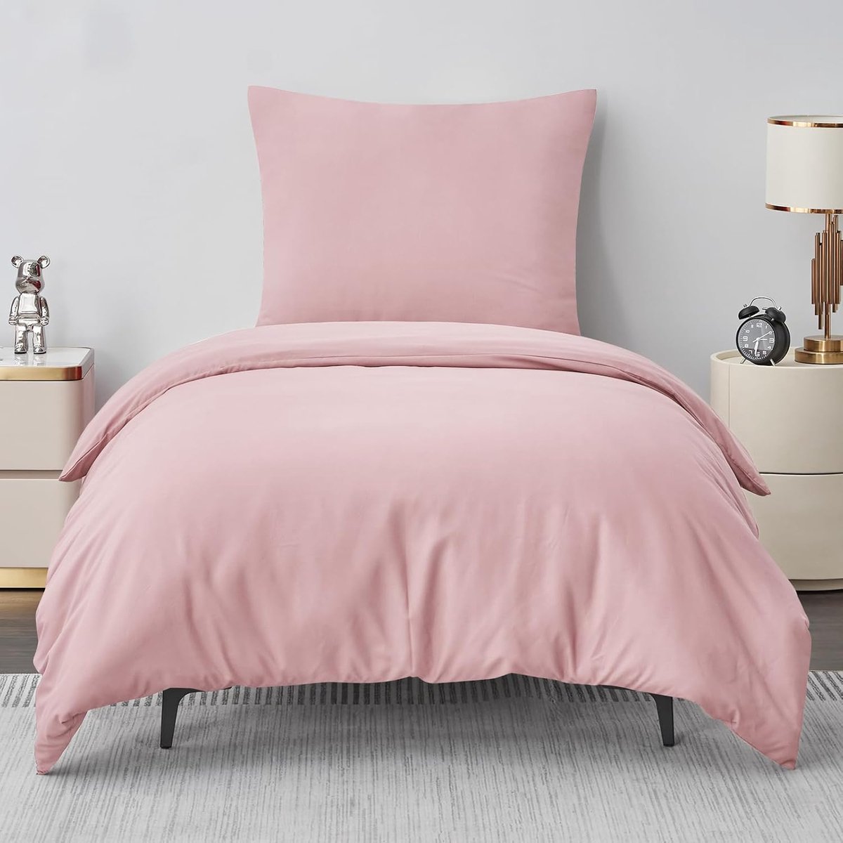 Famanu - Beddengoed, 2-delige set, van microvezel, met ritssluiting, zacht en strijkvrij, met kussensloop en dekbedovertrek 155 x 220 cm, roze