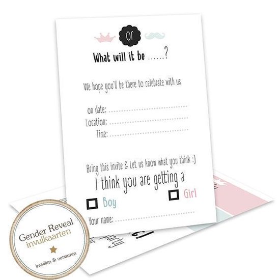 GR002 (8stuks)Baby Gender Reveal uitnodiging - Gender reveal party - Genderreveal - Geslacht baby reveal -Babyshower - Invulkaarten - Een Jongen of een Meisje? - Gender reveal versiering - Kaarten met enveloppen - uitnodigingskaarten met enveloppen van Picki Nicki — afbeelding 2