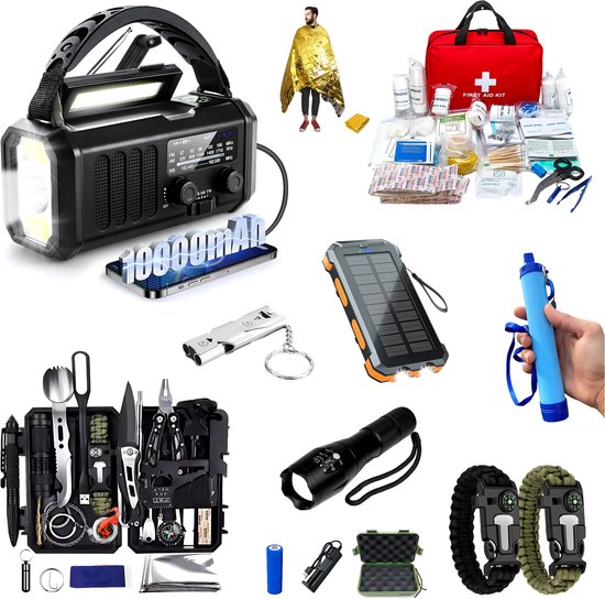 DreamGoods Noodpakket voor thuis & Outdoor - Alles-in-één Overlevingspakket - voor Oorlog, Stroomuitval & bij Rampen - 10.000mAh Noodradio Solar Opwindbaar en Batterij - Survival kit: Armband, Powerbank, Waterfilter, Nooddeken - Kamperen & Outdoor