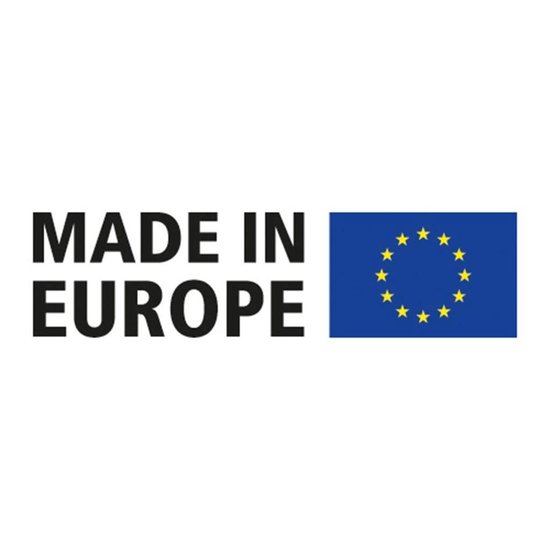 Tekst 'MADE IN EUROPE' naast de Europese vlag.