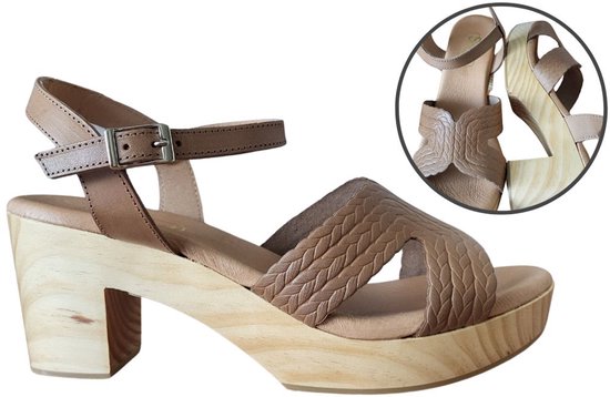 Stravers - Sandales semelle bois et bride cuir relief - Marron - Pointure 43 - Sabots femme grande taille