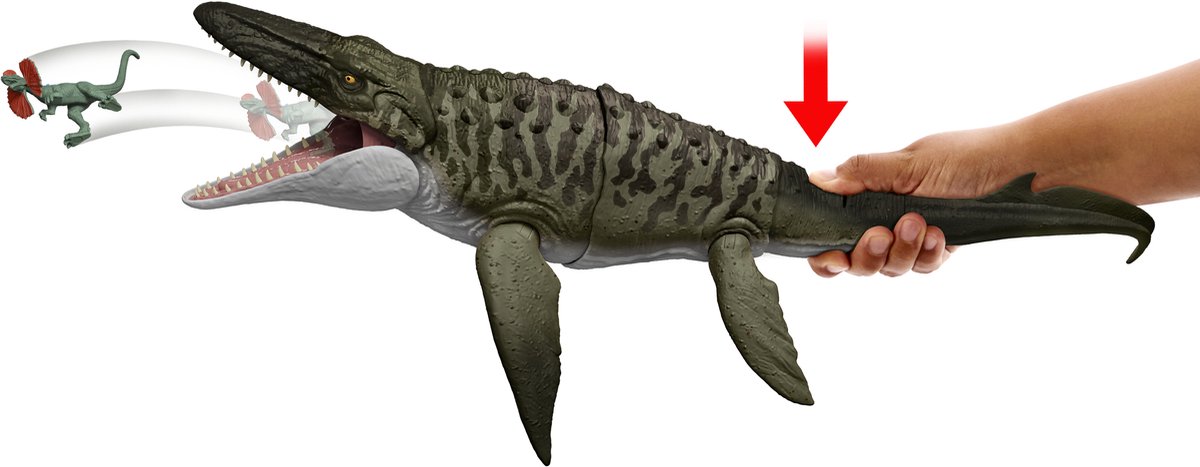 Jurassic World Rebirth Bijtende en Explosieve Mosasaurus, actiefiguur en mini-Dilophosaurus, dinosaurusspeelgoed met kaken die ver open kunnen, beweegbaar, ziet eruit als in de film — afbeelding 4