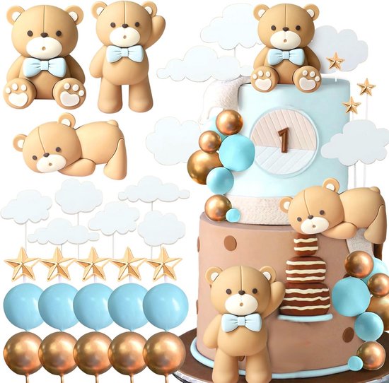 JeVenis Blauwe teddybeer taartdecoratie doop jongen taartdecoratie meisjes 1 jaar blauw taartdecoratie teddybeer taartdecoratie voor bruiloft babyshower verjaardagsfeest