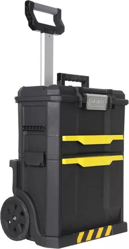 Zwarte Stanley gereedschapswagen met twee gele lades, uitgeschoven handvat en wielen.
