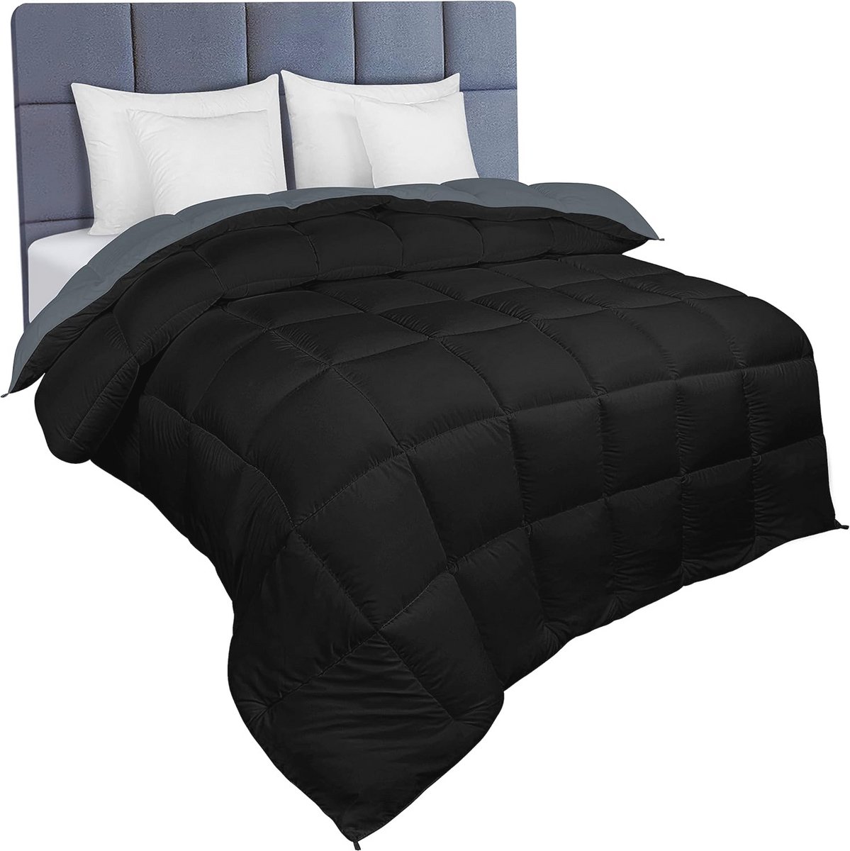 Omkeerbaar Dekbed 230x260 cm - Microfiber Box Gestikt - Zwart en Grijs