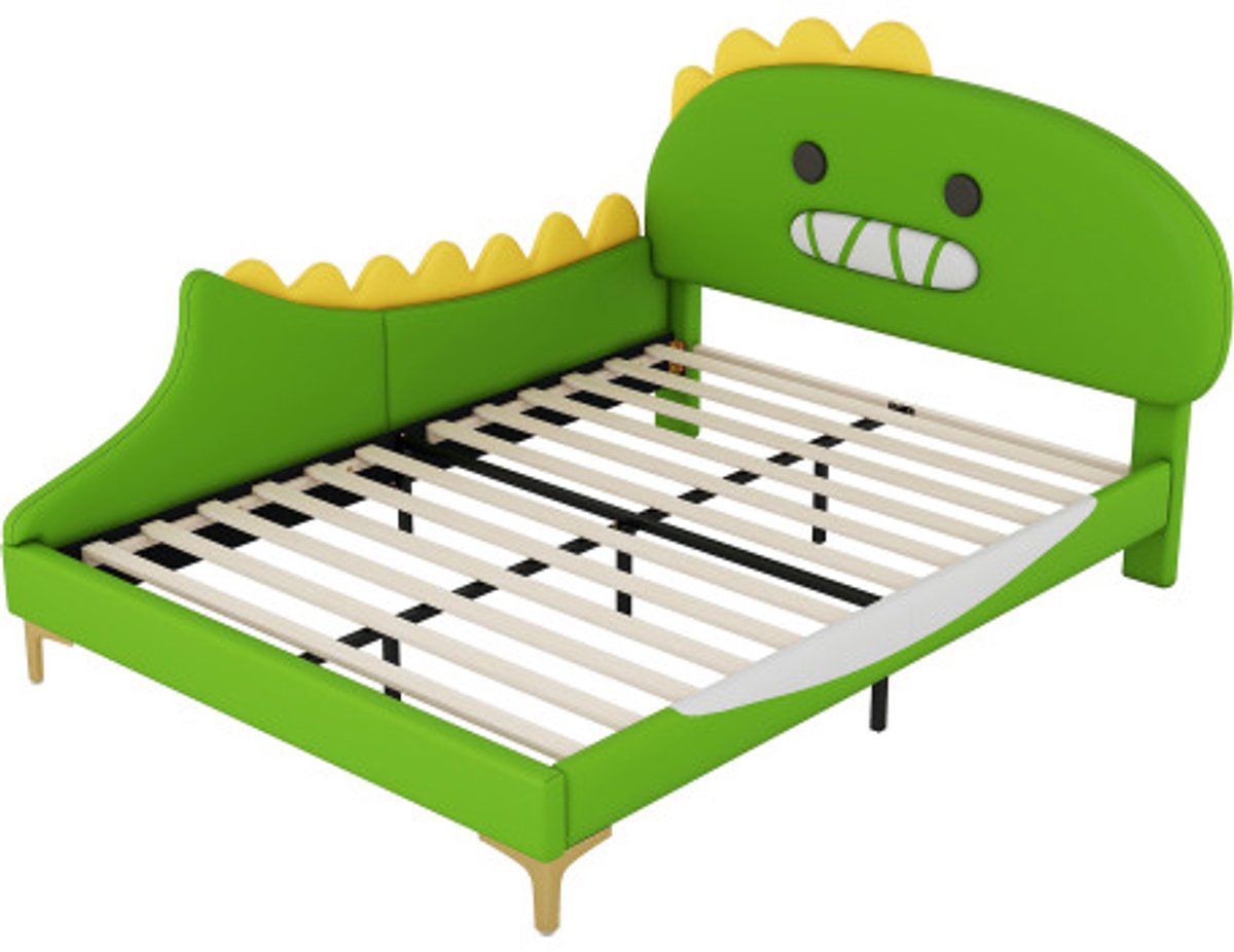 Gotagee Gestoffeerd bed 140x200cm kinderbed, cartoon dinosaurusvorm, vlak bed, PU-materiaal, groen