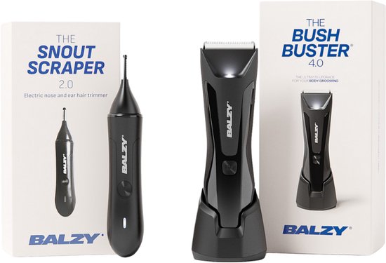 BALZY® Precision Trim Bundel – BushBuster® 4.0 Scheerapparaat & Bodygroomer Mannen + SnoutScraper® 2.0 Neus- en Oortrimmer – SafeShave™ Technologie – USB-C Oplaadbaar – Voordeelset voor Gezicht, Lichaam & Gevoelige Zones