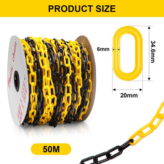 Chaîne de barrière, pour délimiter les zones dangereuses et restreindre l'accès, usage intérieur et extérieur, plastique, jaune/noir, 50 m, 6 mm