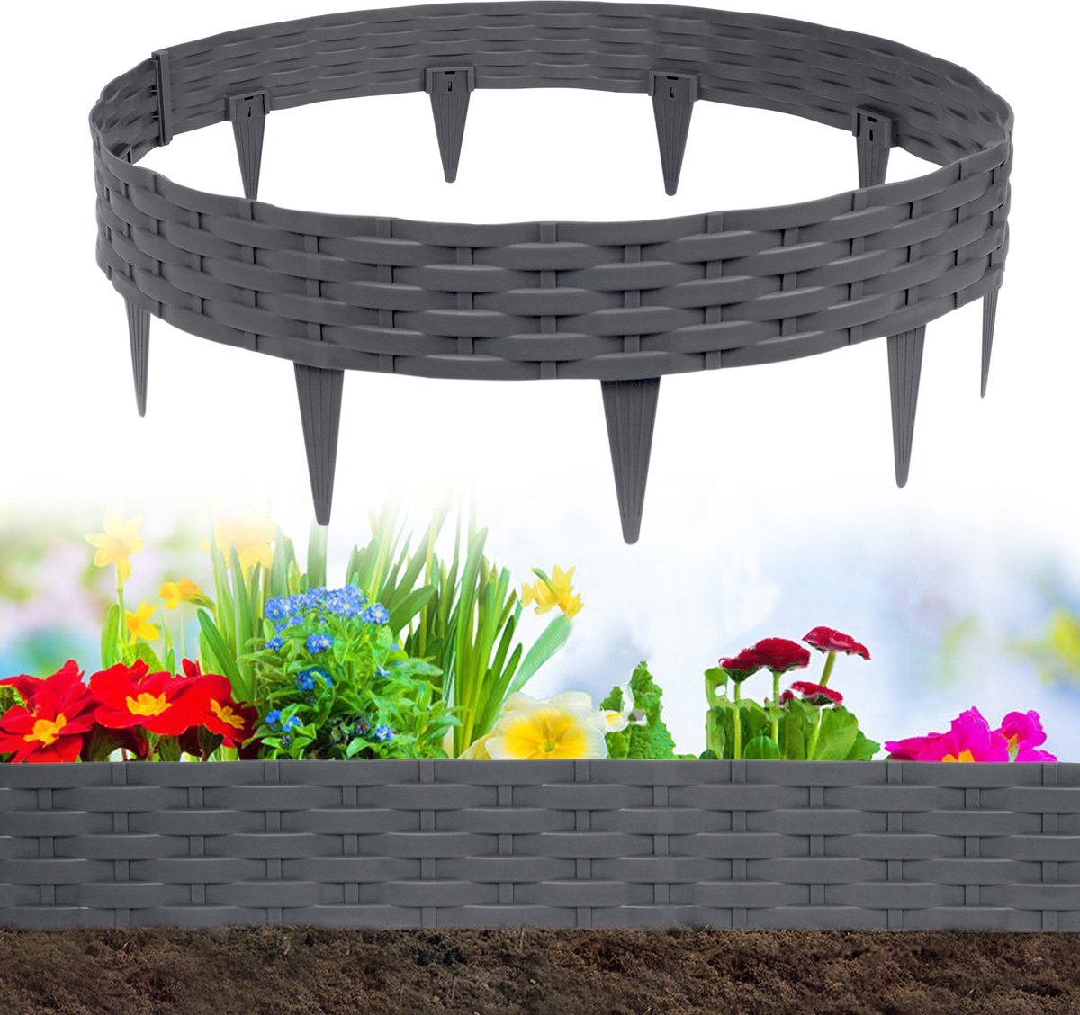 NAIZY Graskanten Perkranden Kunststof maaikanten Rattan-look Flexibel graskantenband Tuinpalissade 10cm hoog (10m, antraciet)