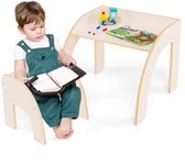 COSTWAY Kindertafel met stoel & schildersezel, kinderzitgroep van hout met whiteboard & krijtbord & boekenplank, tekentafel incl. papierrol & accessoires, 3-in-1 zitgroep voor kinderen vanaf 3 jaar