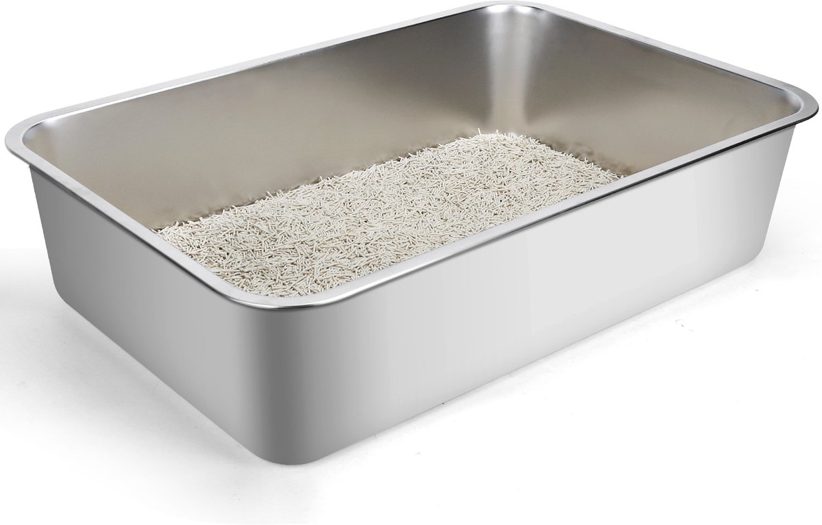 Nobleza RVS Kattenbak XXL - Kattentoilet Roestvrijstaal - Grote Kattenbak van RVS - Open Kattenbak - 60x40x15cm van Nobleza