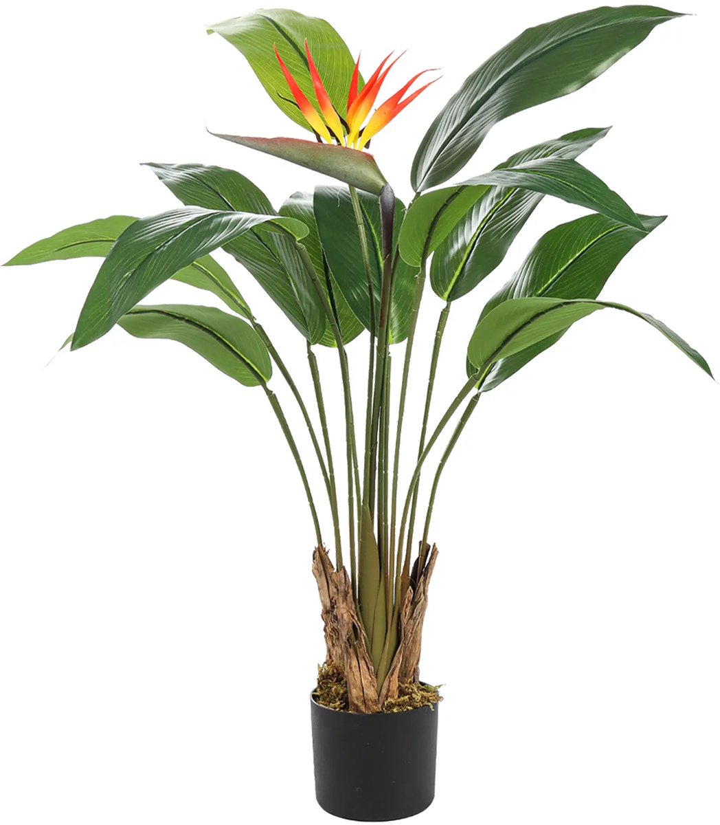 Kunstpalm Kunst Paradijsvogelplant 100 cm – Strelitzia met Bloem – Real Touch – In Pot – Binnenplant Donkergroen