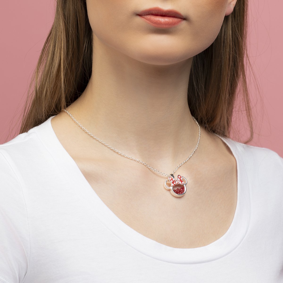 Disney Minnie Silver Plated Brass with Red enamel Bow July Birthstone Floating Stone Necklace