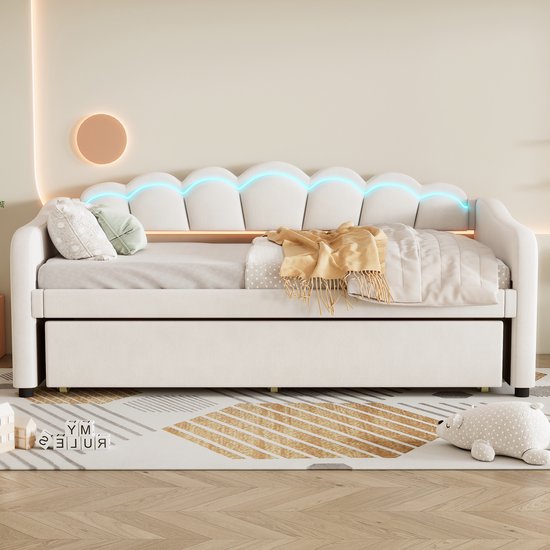 Méridienne - Méridienne 90x200cm avec lit gigogne - canapé-lit - lit simple - sans Matras - velours - lumière d'ambiance changeante de couleur - beige