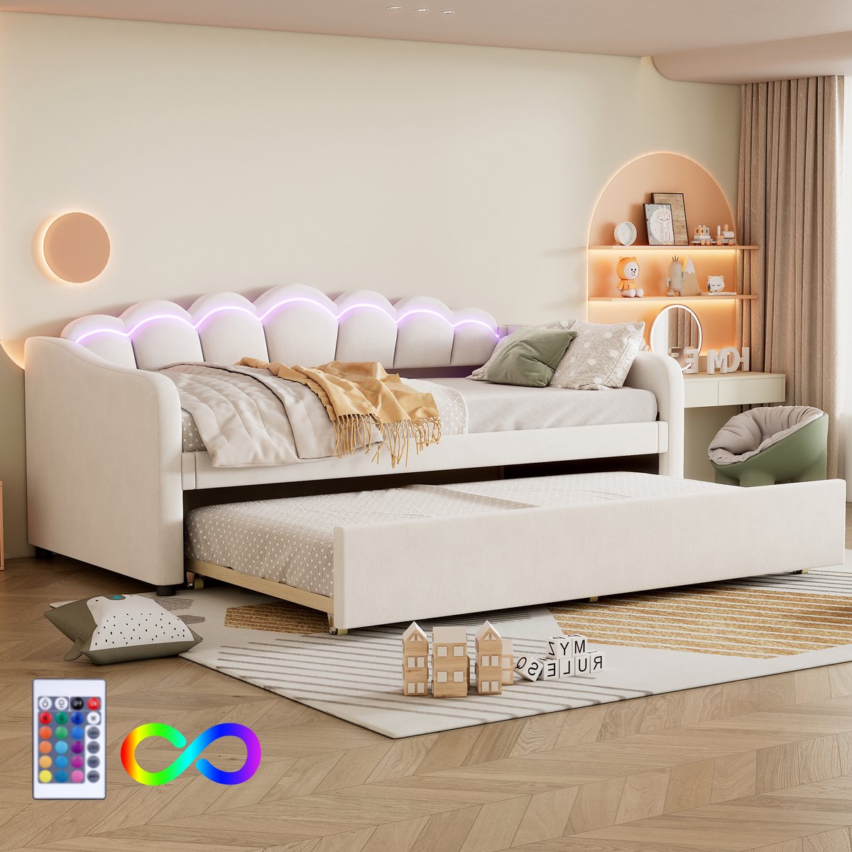 Ligbed - 90x200cm dagbed met uitschuifbaar bed - slaapbank- eenpersoonsbed - zonder Matras - fluweel - van kleur veranderend sfeerlicht - beige