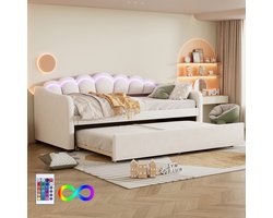 Ligbed - 90x200cm dagbed met uitschuifbaar bed - slaapbank- eenpersoonsbed - zonder Matras - fluweel - van kleur veranderend sfeerlicht - beige