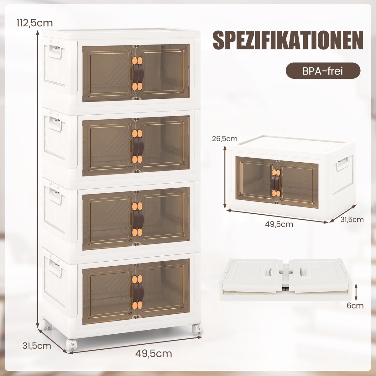 4er Set Stapelbare Aufbewahrungsboxen mit Deckel & Rädern & Türen 49,5 x 31,5 x 112,5 cm