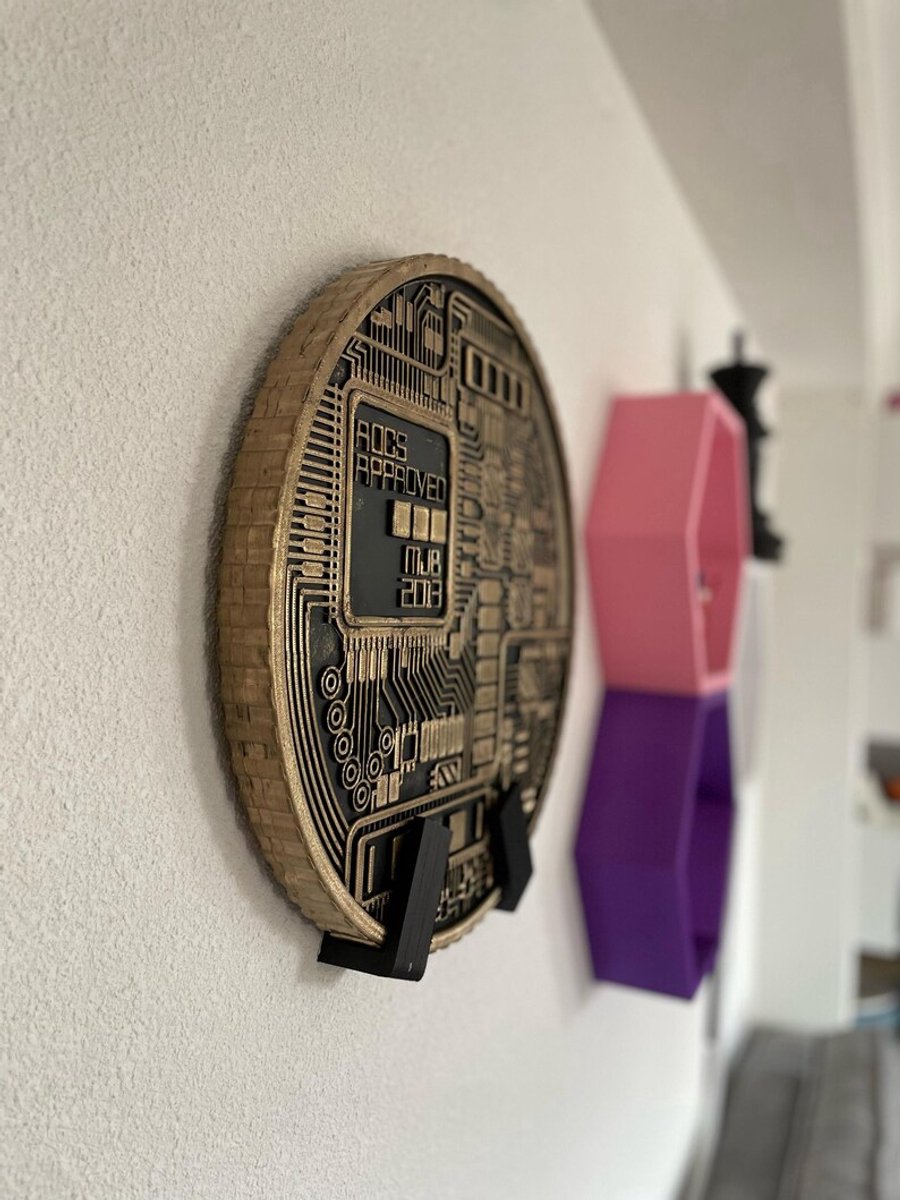 Dubbelzijdige Bitcoin-wanddecoratie | Crypto-decoratie | Blockchain-kantoordecoratie Met Standaards |