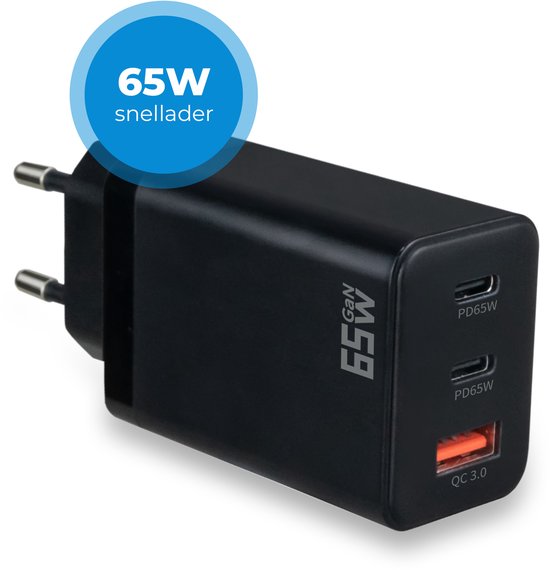Snellader 65W - 2x USB-C PD Fast Charge - 1x USB-A Quick Charge 3.0 – Oplader 65 Watt - GaN Technologie - USB-C Adapter - Geschikt voor iPhone, Samsung, Laptop, etc. – Zwart
