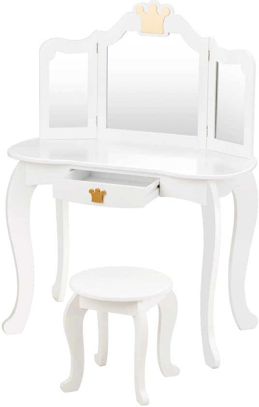 Coiffeuse enfant COSTWAY, avec tabouret et miroir amovible, coiffeuse en bois pour fille, table enfant avec tiroir, table miroir, 80 x 42 x 105 cm (blanc)