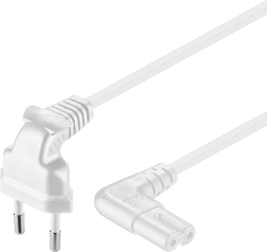 Witte stroomkabel, haakse C7 connector naar haakse CEE 7/16 stekker.