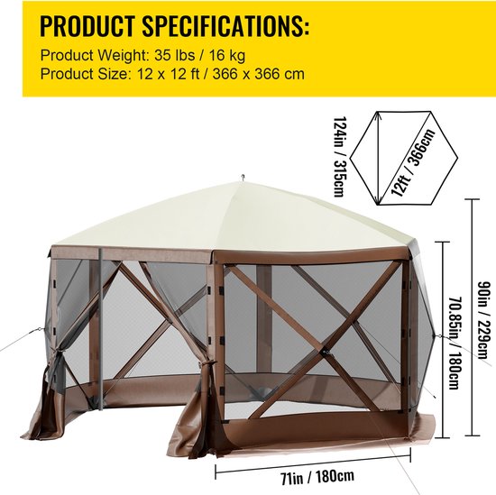 Camping Paviljoen Tent, 12 x 12 ft, 300D Oxford Stof en B3 Gaas, Pop-up Ontwerp, Met Privacywanden en Windschermen, Voor Maximaal 8 Personen van Merkloos — afbeelding 3