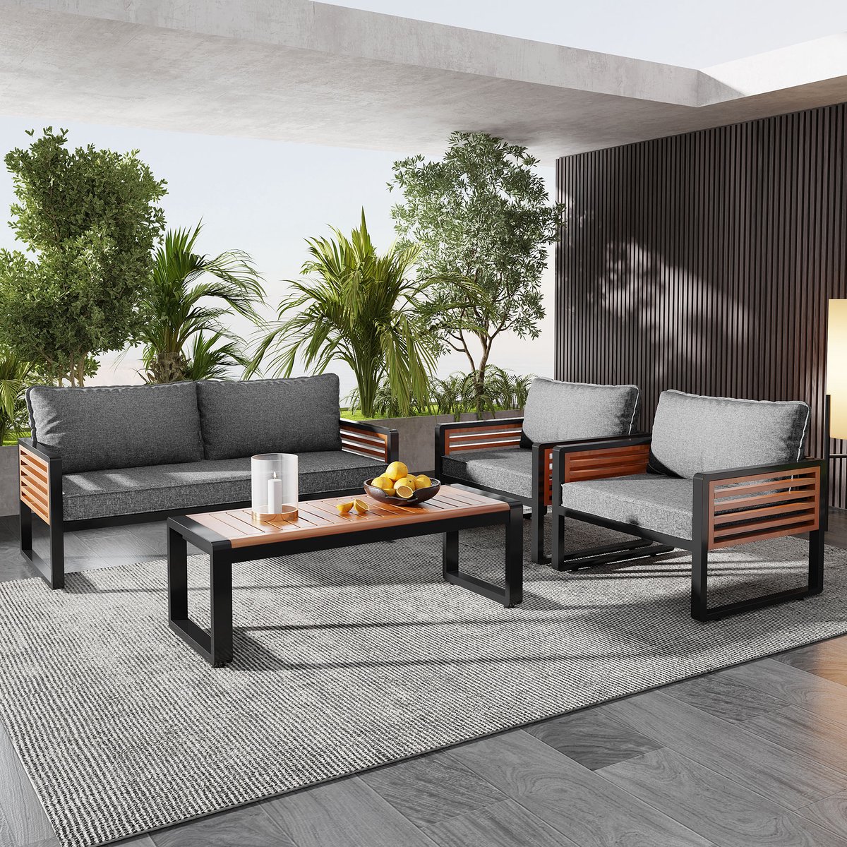 Gutent Tuinmeubilair Set met Gegalvaniseerd IJzeren Frame -4-delige Eettafel -1 2-zits Bank -2 Enkele Stoelen -1 Tafel met Grijs en Houten Decoratieve Armleuningen