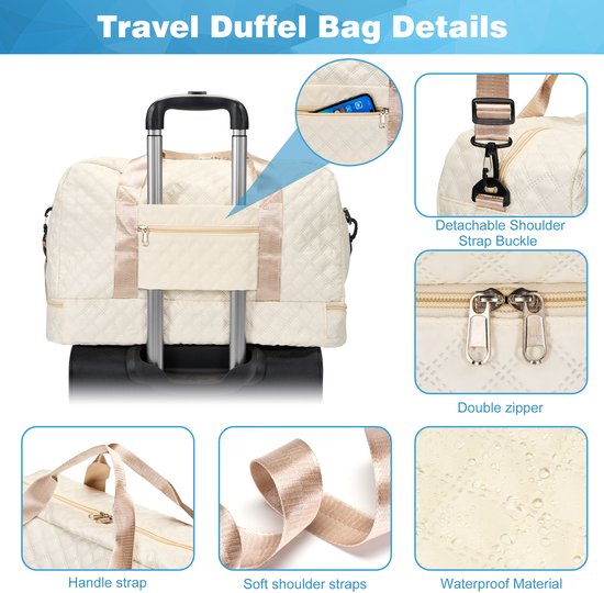 YONO Sac de voyage - Sac week-end - Sac Duffel - Femme - Homme - Bagage à main - 50x30x25 - Beige Champagne