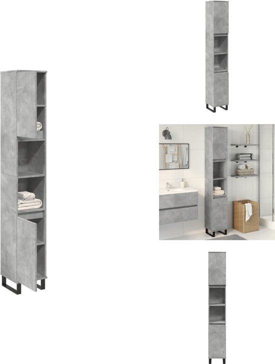 vidaXL Badkamerkast 30x30x190 cm bewerkt hout betongrijs, badkamer kast, opbergoplossing, kastje, badkamerkastje, kast, hoge kast, medicijnkastje
