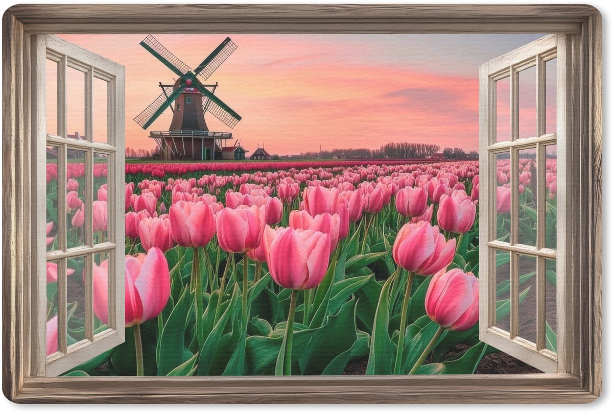 Muismat 27x18 cm - Mousepad Doorkijk - Tulpen - Bloemen - Molen - Raam - Muismatten