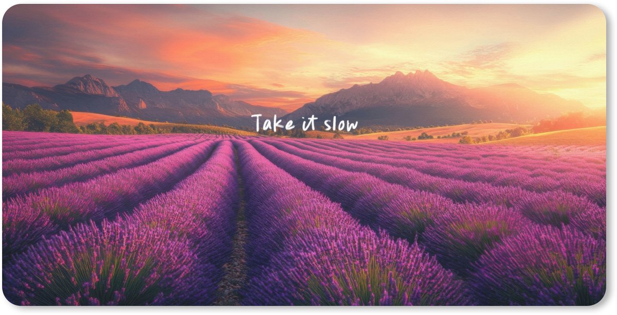 Muismat XXL 90x45 cm - Bureau onderlegger - Bureau mat Lavendelveld - Quote - Zonsondergang - Bureaumat - Gaming mousepad xl - Bureaulegger groot - Computer deskmat