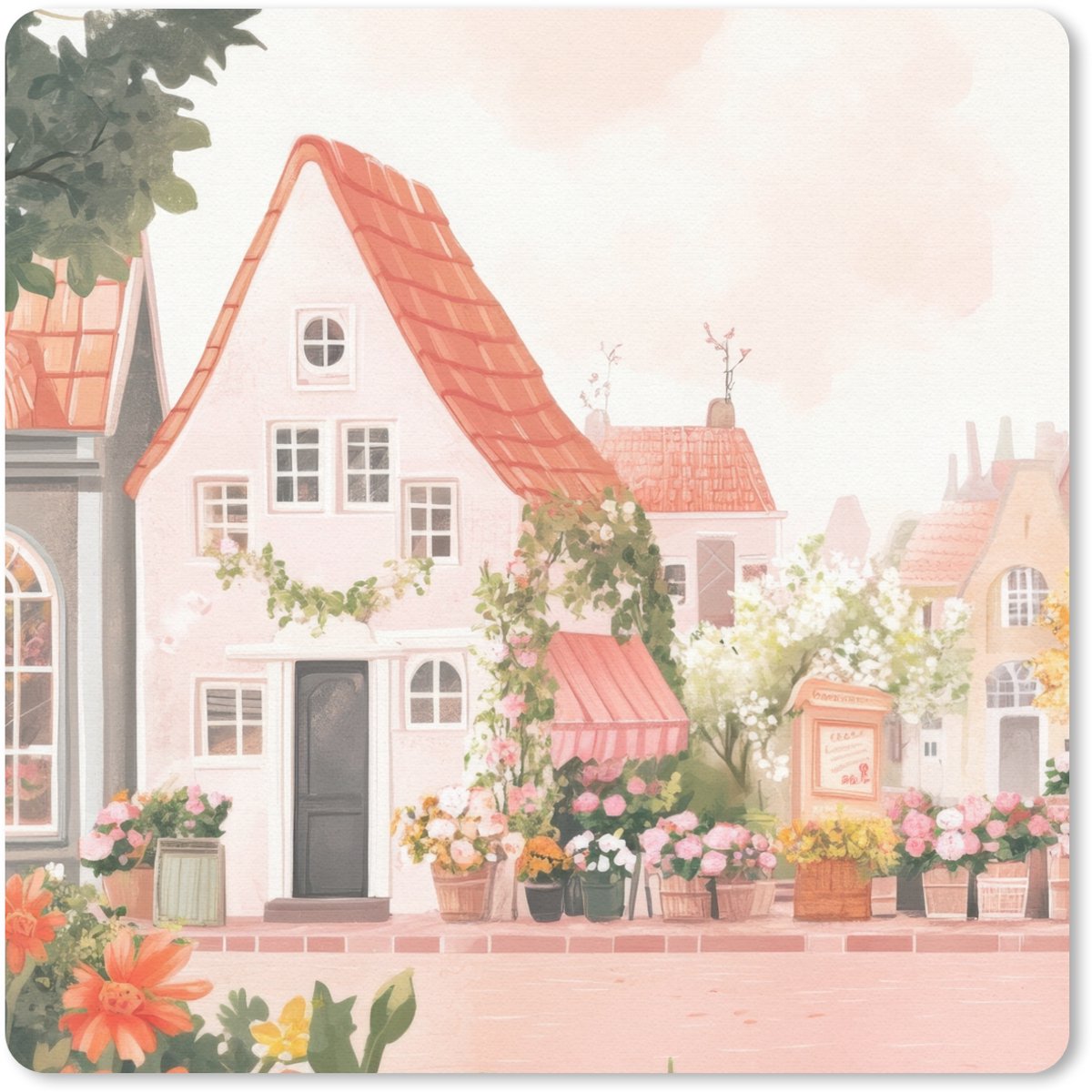 Muismat 20x20 cm - Mousepad Bloemen - Huizen - Dorp - Muismatten
