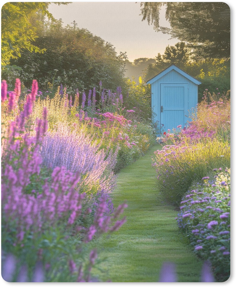 Muismat 19x23 cm - Mousepad Tuinhuisje - Blauw - Bloemen - Muismatten