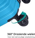 Close-up van de 360° draaiende wielen van een blauwe koffer.