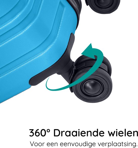 Close-up van de 360° draaiende wielen van een blauwe koffer.
