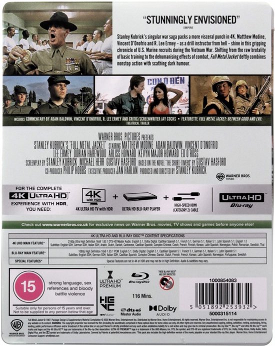 Achterkant van de "Full Metal Jacket" Blu-ray met filmaffiche, castinformatie, technische specificaties en leeftijdsclassificatie.