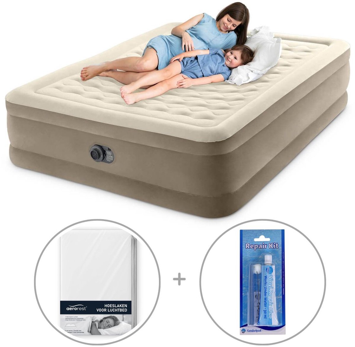 Intex Ultra Plush Luchtbed met ingebouwde pomp | Tweepersoons | 152 x 203 x 46 cm | Inclusief bijpassend hoeslaken + reparatiekit