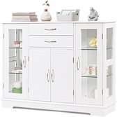 Buffet COSTWAY blanc, meuble de cuisine avec portes et tiroirs en verre trempé, buffet en bois, meuble buffet pour salle à manger, cuisine, 107 x 30 x 82 cm (blanc)