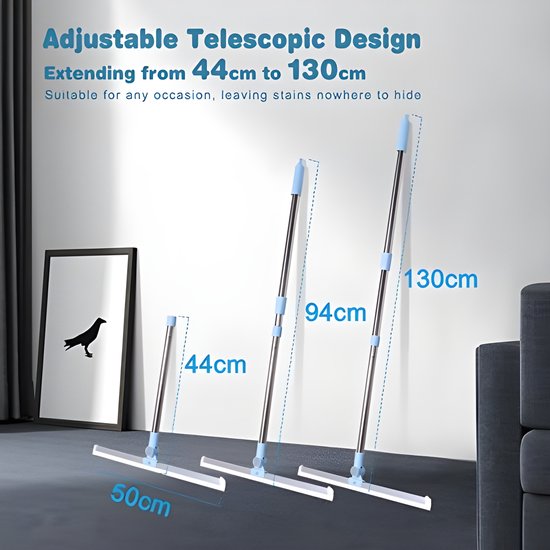 Raclette à eau pour sol avec doubles lèvres en Siliconen de 50 cm, raclette à eau avec long manche 130 cm Raclette de Douche Essuie glace Perfect pour les zones humides, le sol, les Fenêtres, le carrelage, la Douche, le Garage