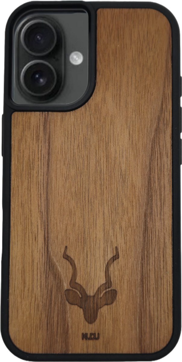 Kudu iPhone 16 Plus case - Houten backcover - Handgemaakt en afgewerkt met duurzaam TPU - Walnoot - Zwart