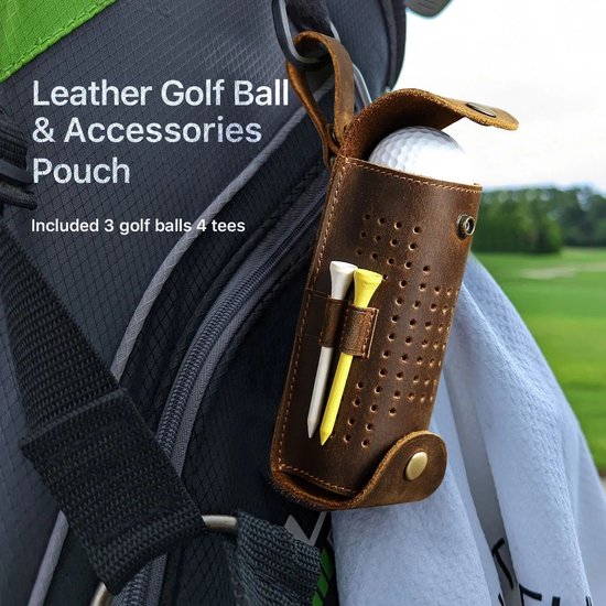 BUGOLINI Aurelia - Lederen Golfbal Draagbare Handtas - Geschikt Voor 3 Ballen - Met Knoopsluiting - Met Verwijderbare Riemgesp - 4 Golf Tee-sleuven - Coffee van BUGOLINI — afbeelding 4