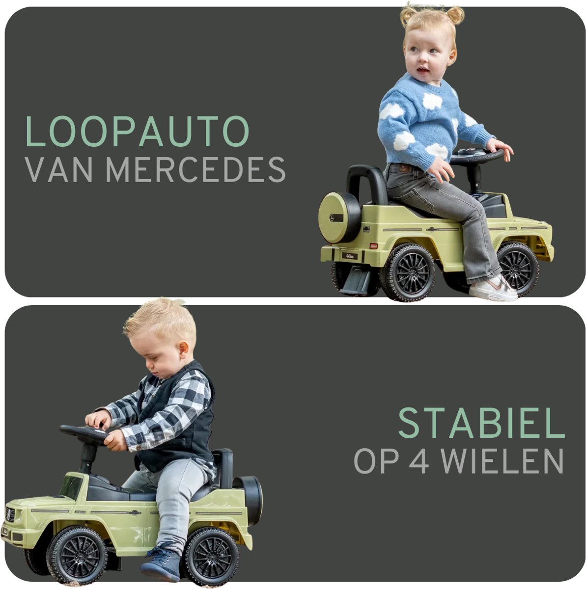 Bandits & Angels Loopauto Mercedes Benz G350D Retro Groen met Claxon vanaf 1 jaar voor Jongens en Meisjes - Stimuleert Motorische Vaardigheden - Loopwagen 24 cm - Groene Loop Auto — afbeelding 5