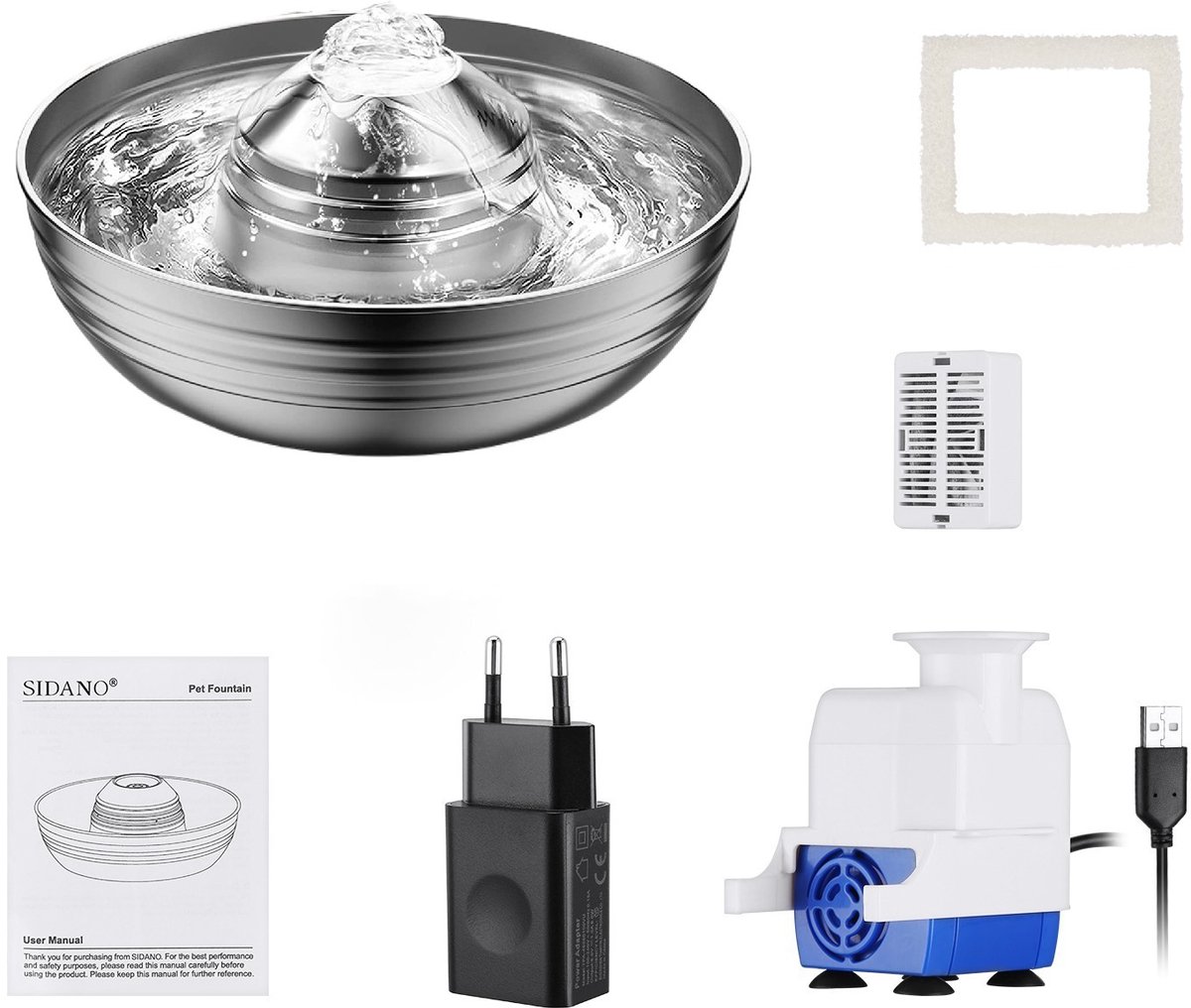 Bol.com SIDANO® Drinkfontein kat - hond - RVS - 2 Liter - Fluisterstil Afmetingen 24x24x7cm aanbieding