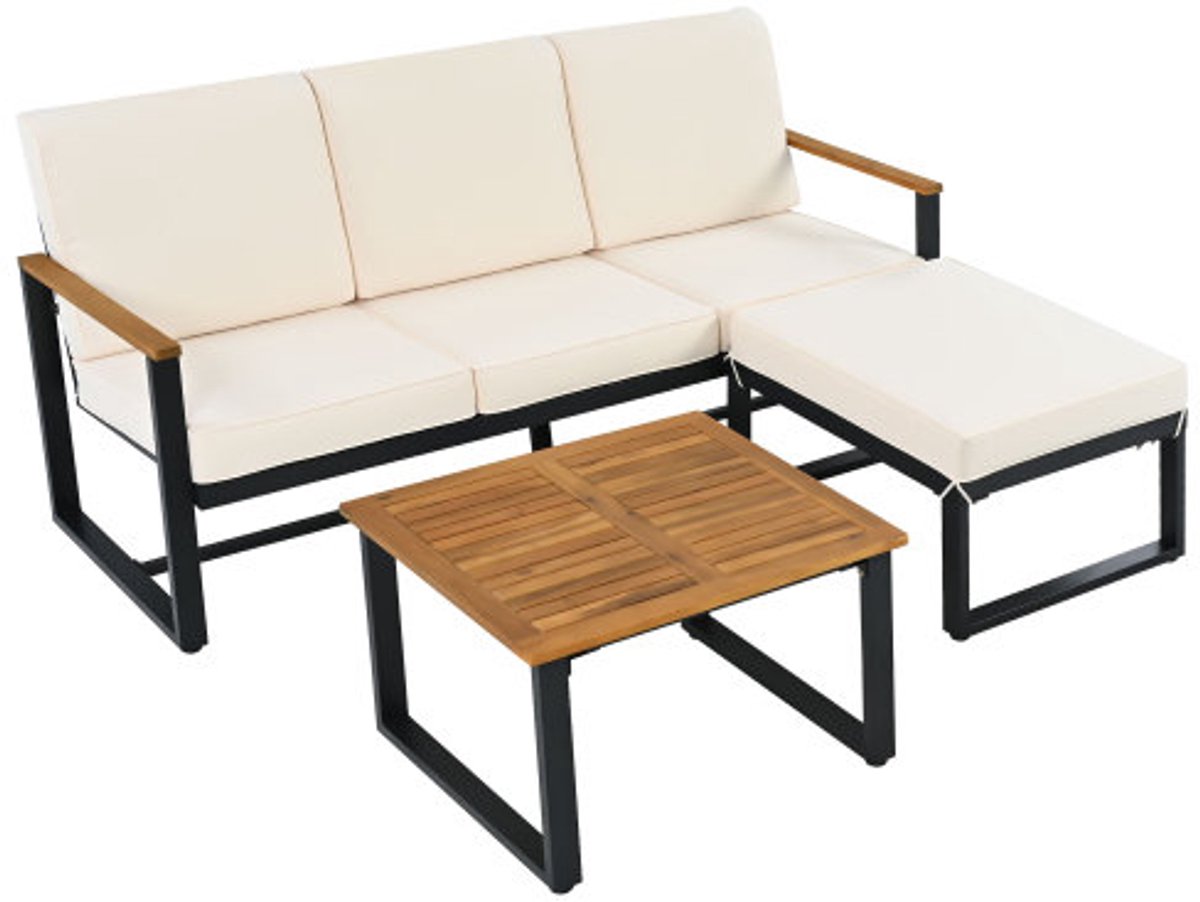 Gotagee Tuinmeubelset, hoekset, bank + salontafel + voetenbank, gegalvaniseerde stalen buis, acaciahouten tafelblad, geschikt voor tuinen, zwembaden en andere buitenruimtes, beige + zwart