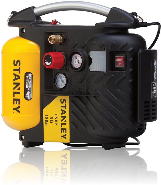 Zwarte en gele Stanley Airboss compressor met draagband, 1.5 pk, 5 liter, 10 bar