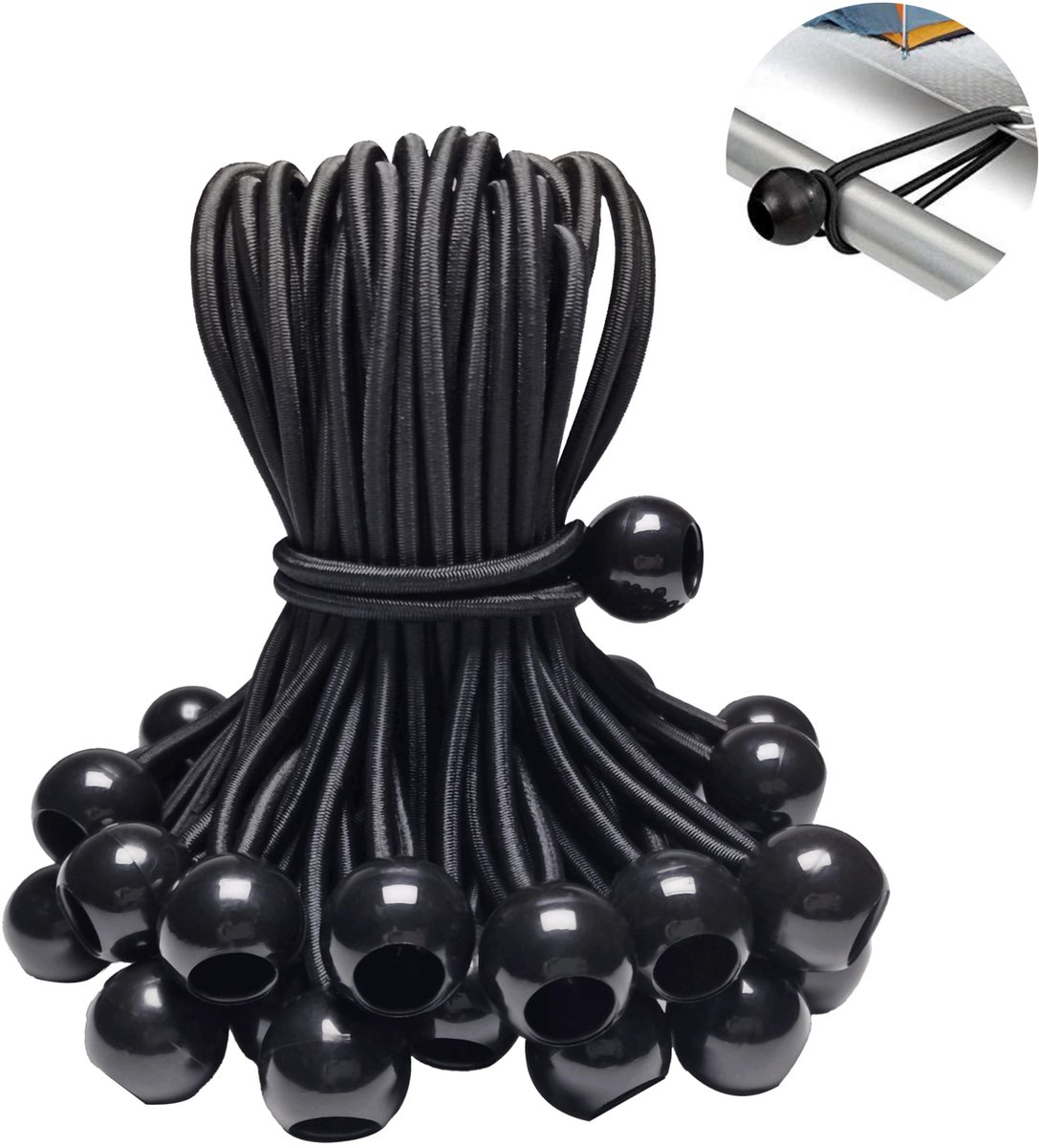 50 Stuks Ball Bungee Ropes - Outdoor Tent Fixing Ball Ropes - Bungee Rope Balls - Voor trampolines, strandnetten - Bungee Rope Straps - Voor zeilen, luifels, wandbuizen - Voor kamperen, reizen, bagage, enz. - Zwart