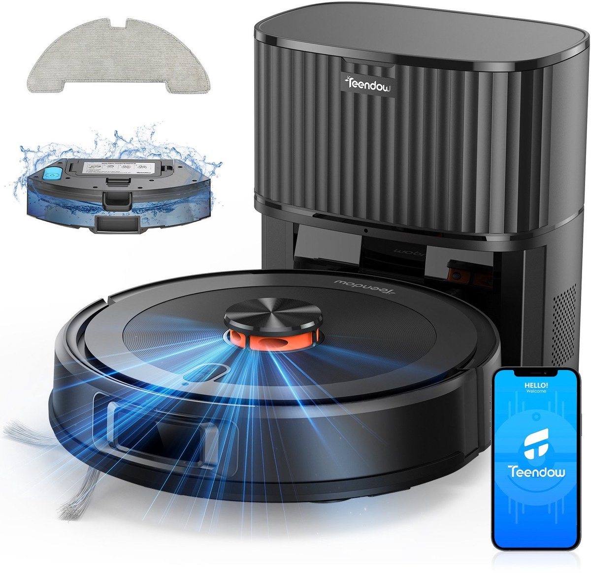 Robotstofzuiger TEENDOW met 3 zuigstanden tot 4500Pa, 250 ml watertank, LDS-laserdetectie, app- en Google-assistentbesturing, lange accuduur van 120 minuten, stil (<70dB), en automatische oplading.